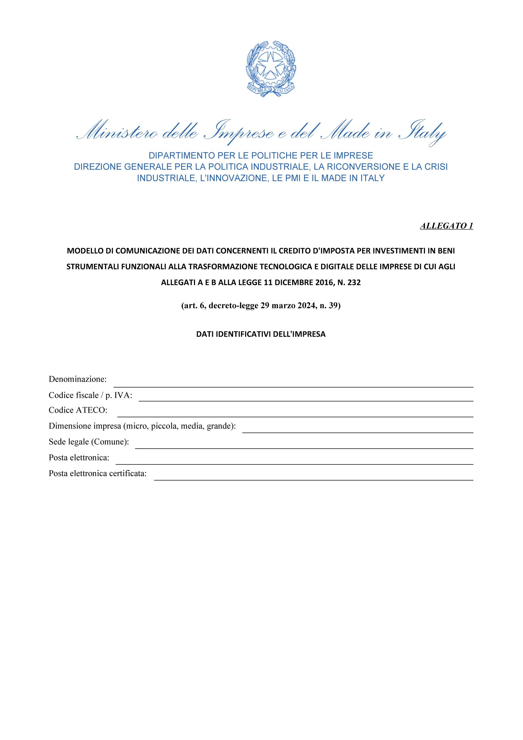 Prima pagina del modello per l'invio delle comunicazioni dei beni strumentali